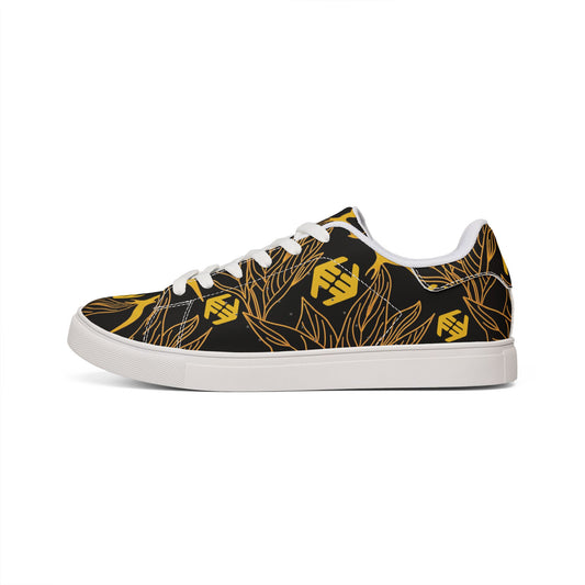 Iwa Canopy - Men's Leather Low-Top Sneakers — Black & Gold Floral Pattern