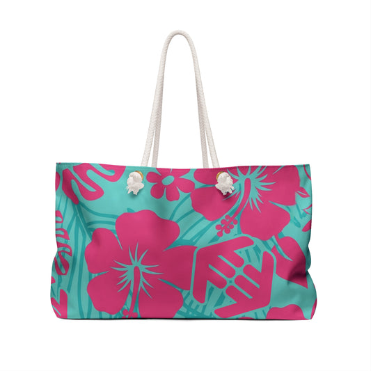 Tropical Pulse - Hibiscus Weekender Bag – Teal & Hot Pink Beach Tote