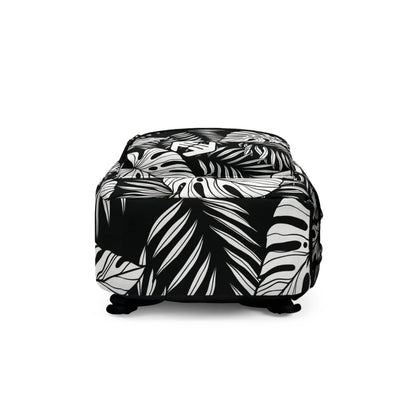 Monstera Leaf Black & White Backpack — Tropical Botanical Print School Bag
