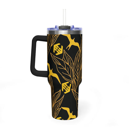 Iwa Canopy - Black & Gold Tropical Leaf Design - 40oz Vacuum Tumbler – Insulated Travel Cup
