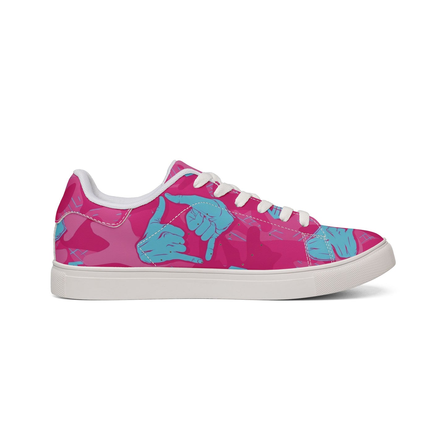 Double Shaka Como - Men's Low-Top Sneakers — Pink Camouflage with Blue Shaka Hand Print