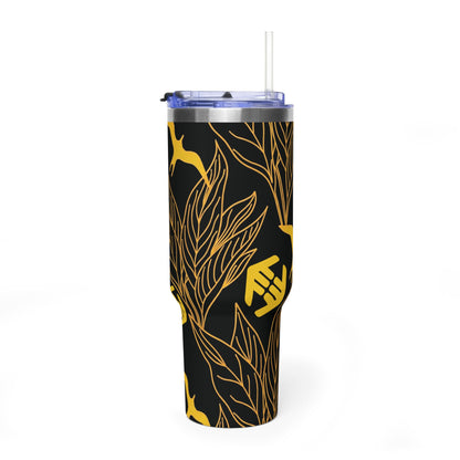 Iwa Canopy - Black & Gold Tropical Leaf Design - 40oz Vacuum Tumbler – Insulated Travel Cup