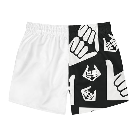 Aloha Shaka - Black & White Shaka Swim Trunks — Split Graphic AOP Beach Shorts