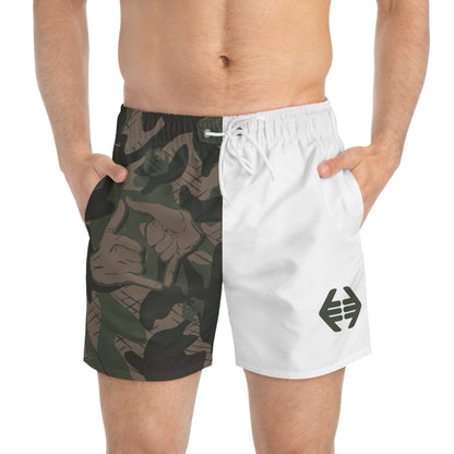 Double Shaka Camo - Split Swim Trunks — Navy Panel & Thumbs-Up Pattern