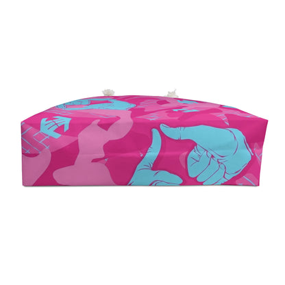 Double Shaka - Pink Camouflage Weekender Bag with Blue Hand-Frame Pattern — Travel Tote for Beach & Weekend Getaways