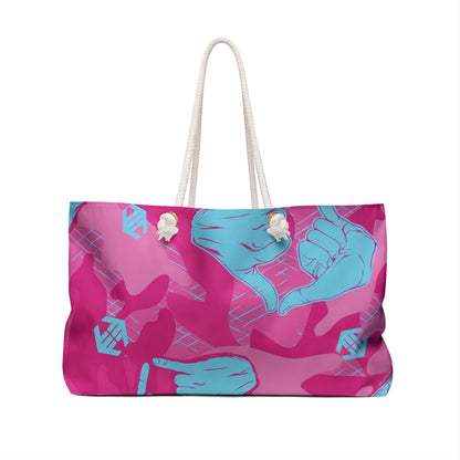 Double Shaka - Pink Camouflage Weekender Bag with Blue Hand-Frame Pattern — Travel Tote for Beach & Weekend Getaways