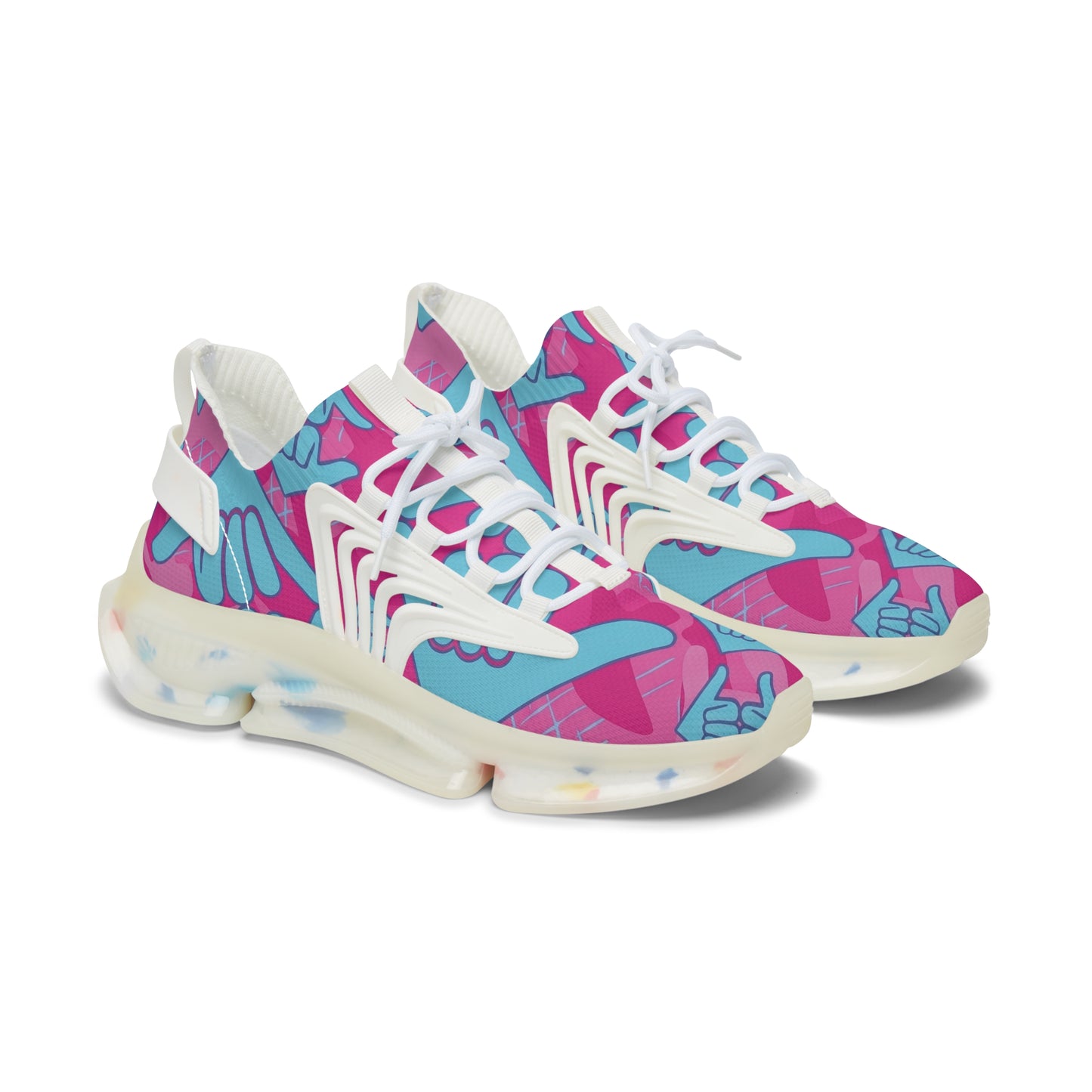 Aloha Shaka - Women’s Mesh Sneakers — Pink & Teal Shaka Pattern Athletic Shoes