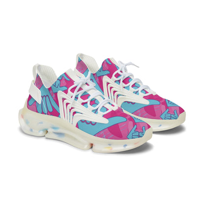 Aloha Shaka - Women’s Mesh Sneakers — Pink & Teal Shaka Pattern Athletic Shoes