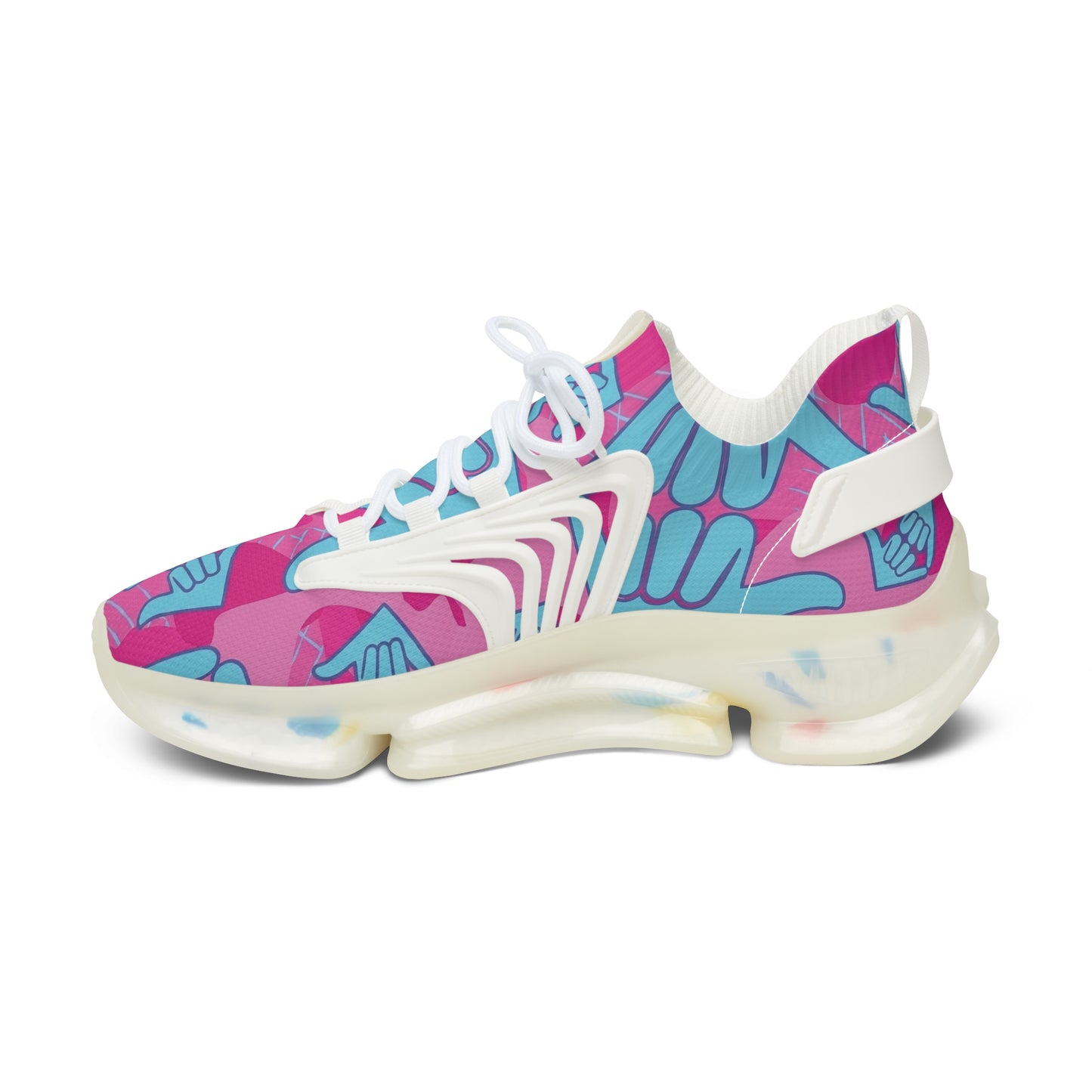 Aloha Shaka - Women’s Mesh Sneakers — Pink & Teal Shaka Pattern Athletic Shoes