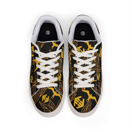 Iwa Canopy - Men's Leather Low-Top Sneakers — Black & Gold Floral Pattern