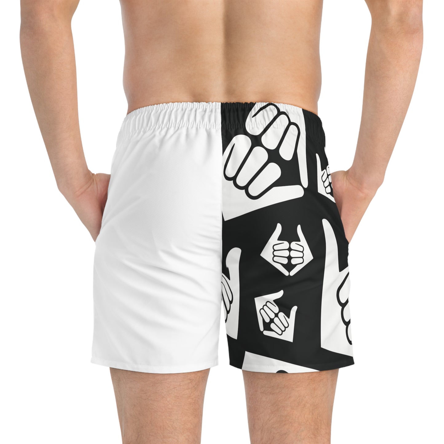 Aloha Shaka - Black & White Shaka Swim Trunks — Split Graphic AOP Beach Shorts