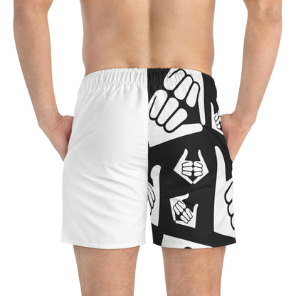 Aloha Shaka - Black & White Shaka Swim Trunks — Split Graphic AOP Beach Shorts
