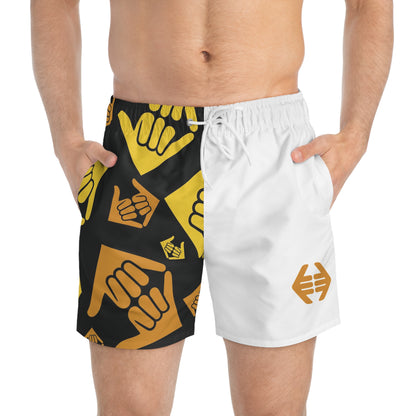 Aloha Shaka - Shaka Pattern Swim Trunks – Yellow & Black AOP Beach Shorts
