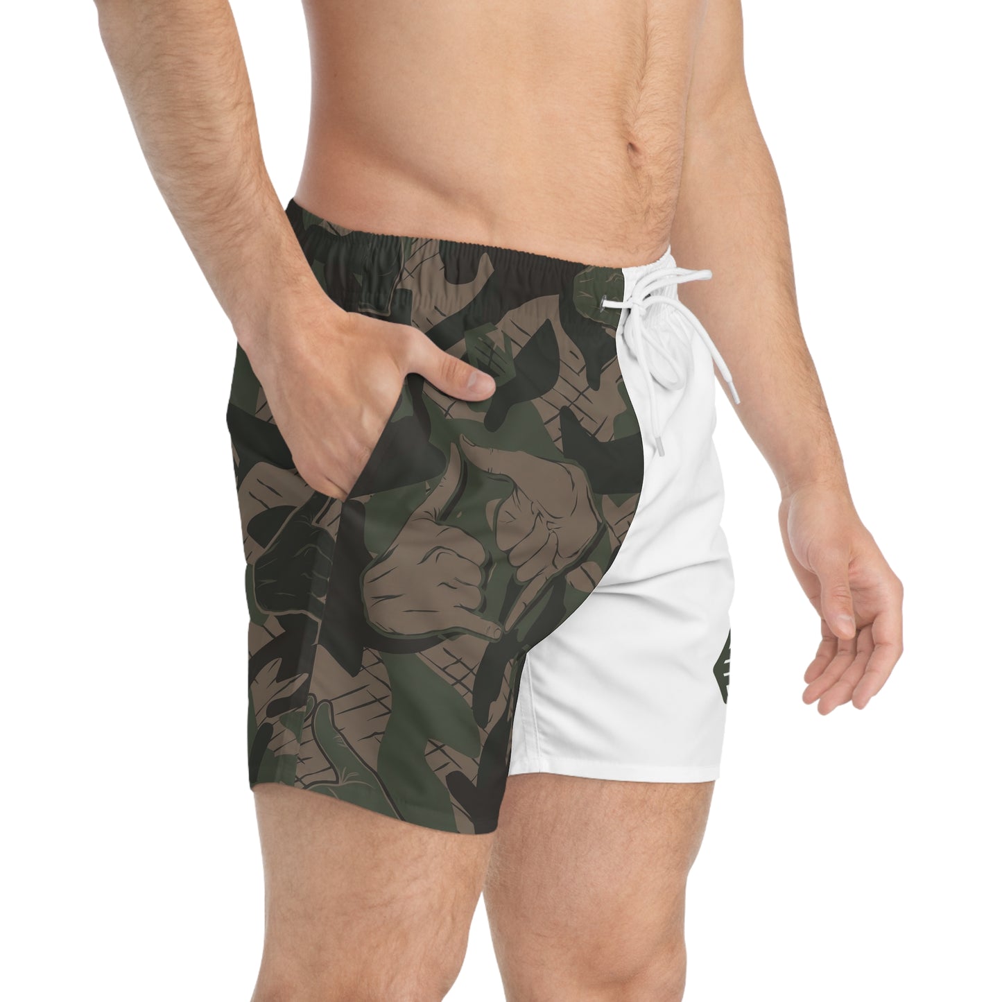 Double Shaka Camo - Split Swim Trunks — Navy Panel & Thumbs-Up Pattern