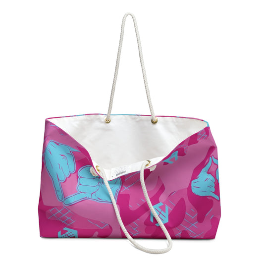 Double Shaka - Pink Camouflage Weekender Bag with Blue Hand-Frame Pattern — Travel Tote for Beach & Weekend Getaways