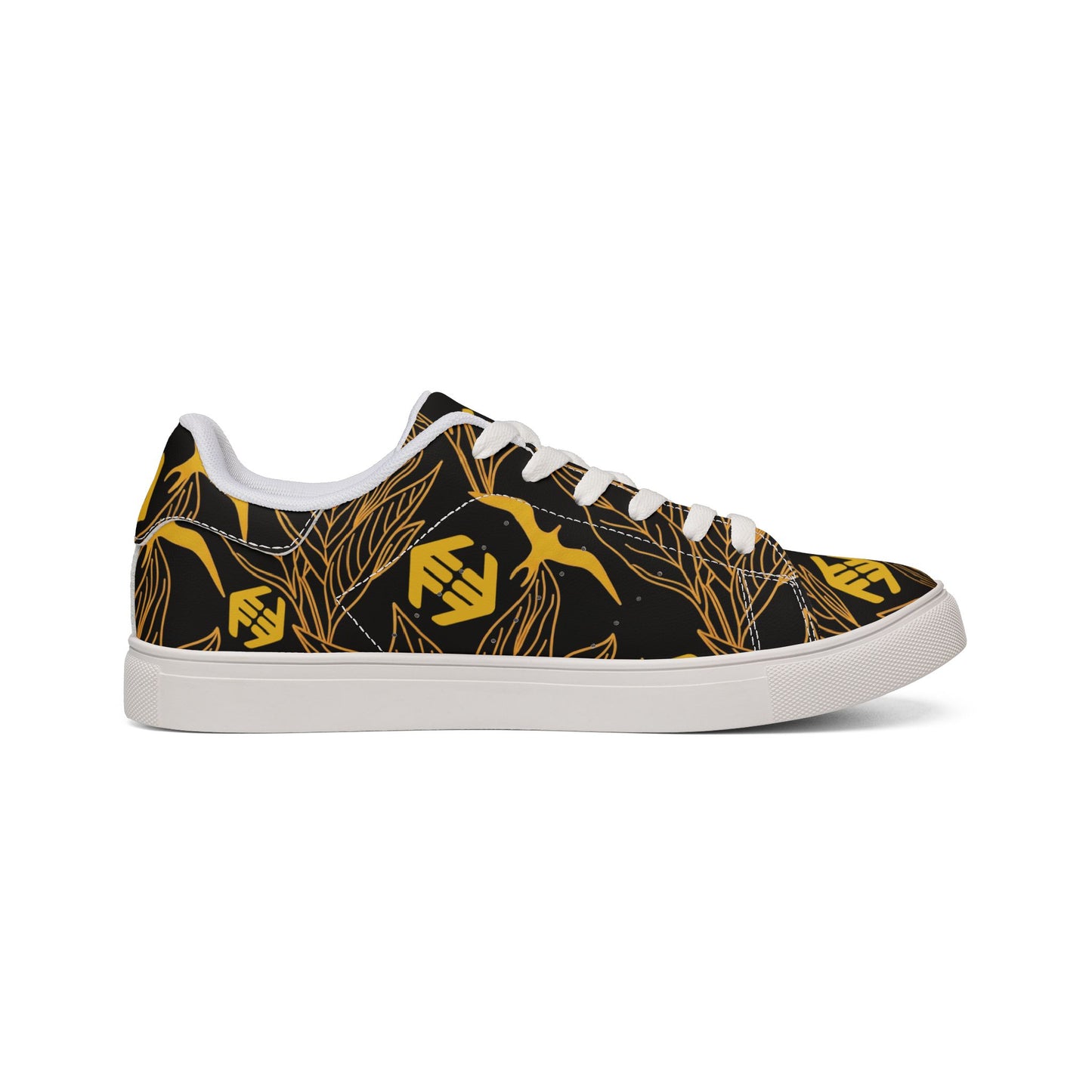 Iwa Canopy - Men's Leather Low-Top Sneakers — Black & Gold Floral Pattern