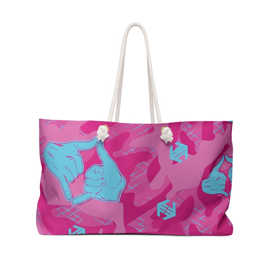 Double Shaka - Pink Camouflage Weekender Bag with Blue Hand-Frame Pattern — Travel Tote for Beach & Weekend Getaways