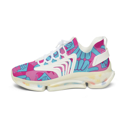 Aloha Shaka - Women’s Mesh Sneakers — Pink & Teal Shaka Pattern Athletic Shoes
