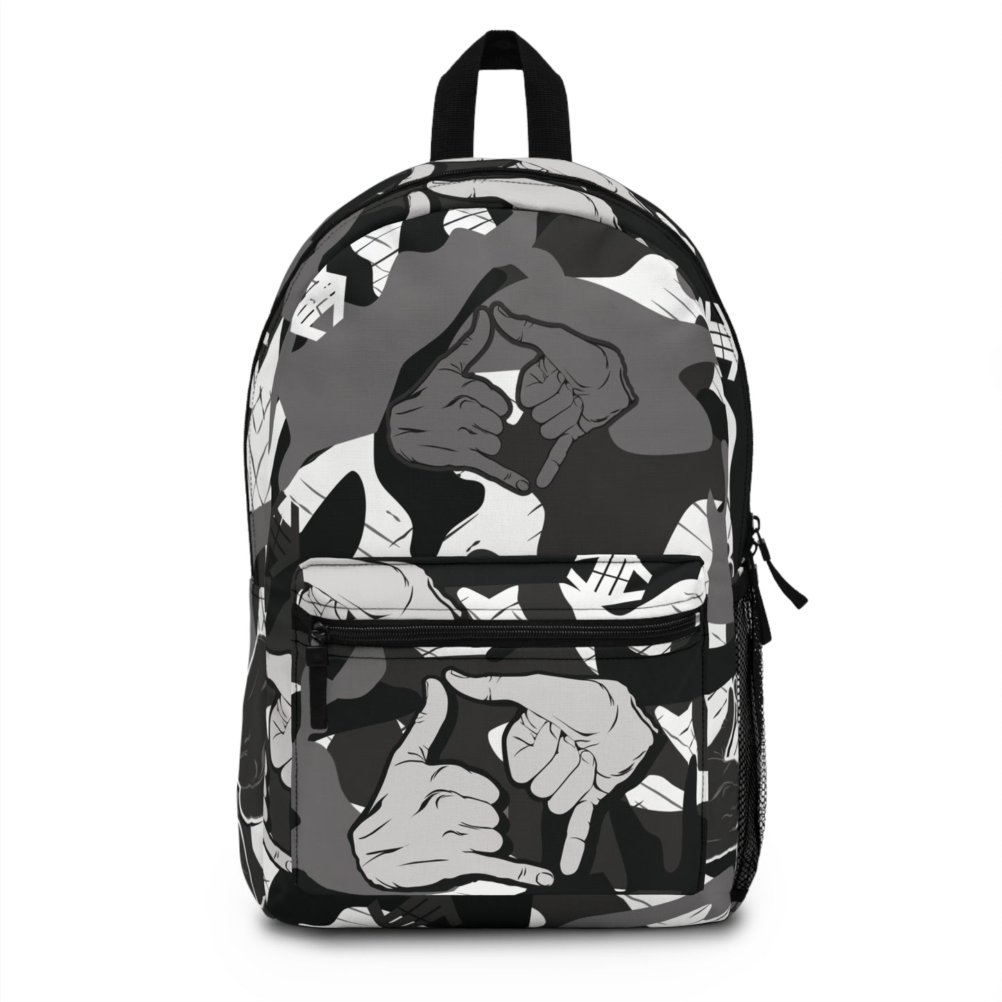 Double Shaka - Monochrome Hand Sign Pattern Backpack — Black & Gray Streetwear School Bag