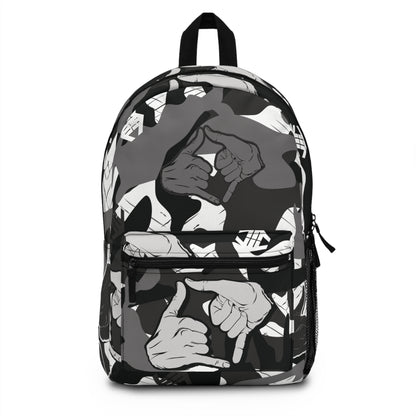 Double Shaka - Monochrome Hand Sign Pattern Backpack — Black & Gray Streetwear School Bag