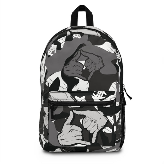 Double Shaka - Monochrome Hand Sign Pattern Backpack — Black & Gray Streetwear School Bag