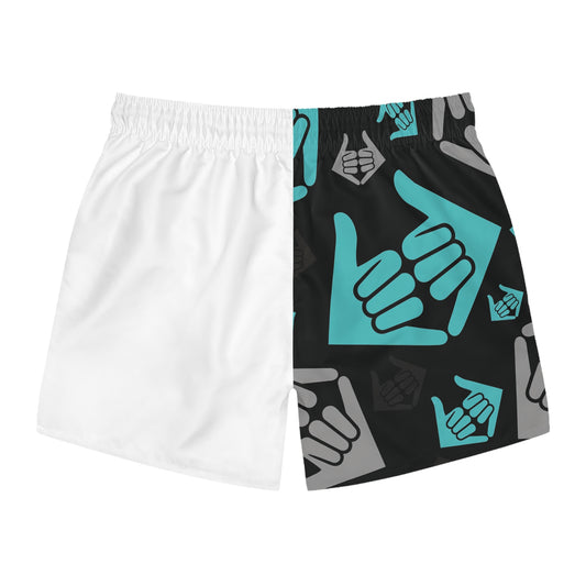 Aloha Shaka - Swim Trunks — Teal & Black Shaka Pattern All-Over Print
