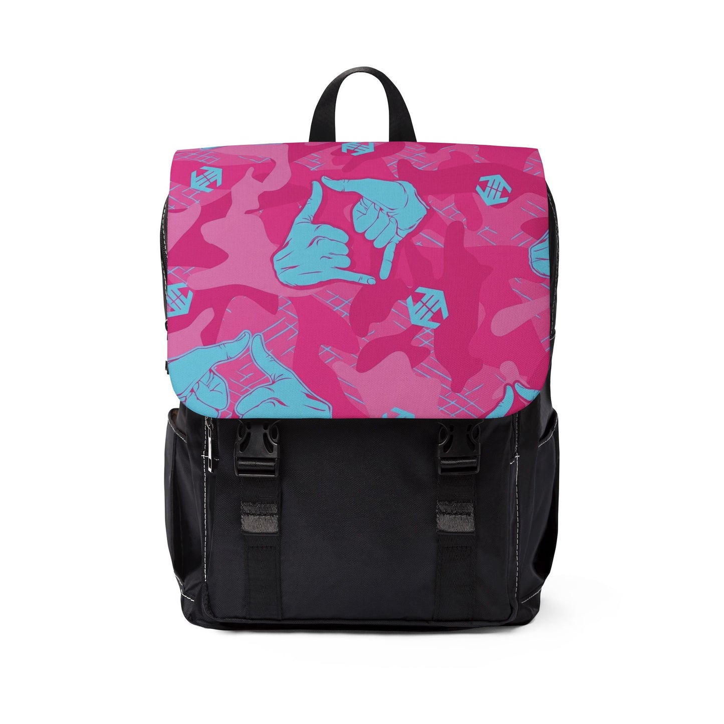 Double Shaka Camo - Pink Camouflage Backpack with Blue Hand Signs – Casual Shoulder Backpack