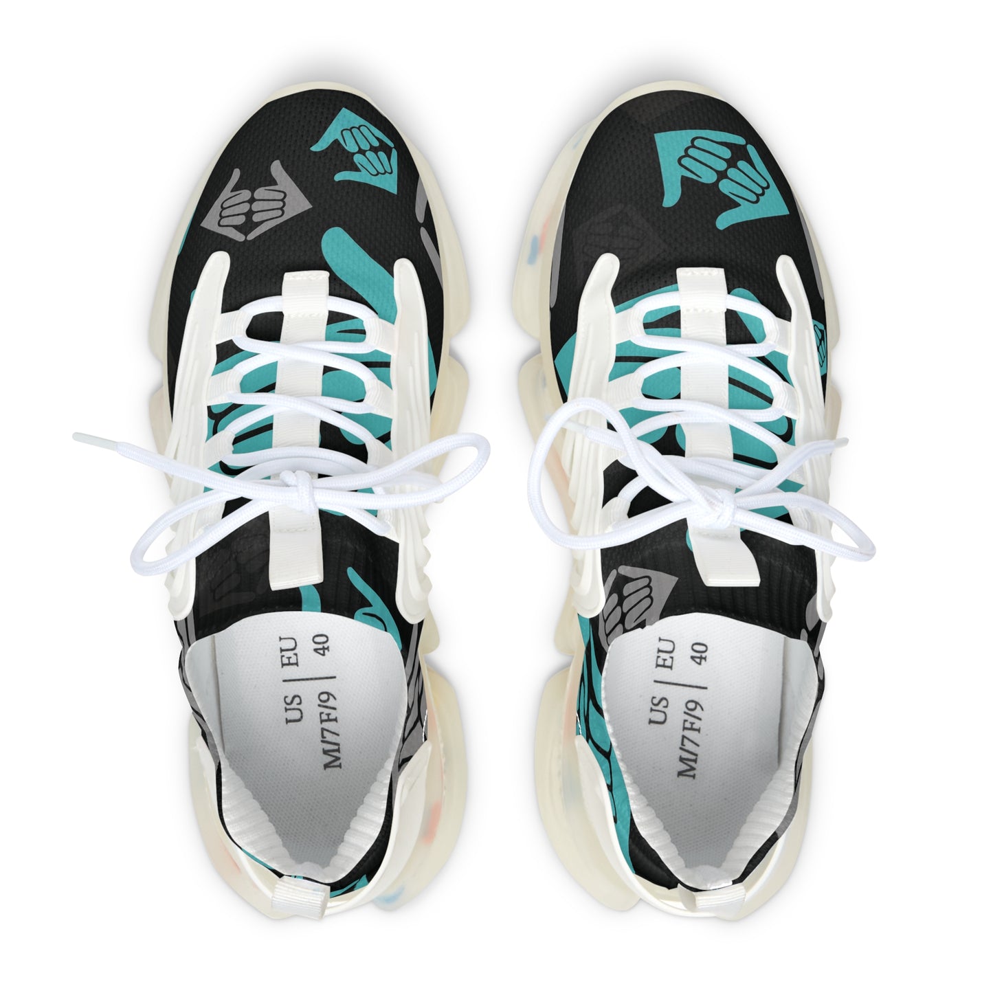 Aloha Shaka - Women’s Mesh Sneakers — Teal & Gray Hand Heart Pattern Athletic Shoes