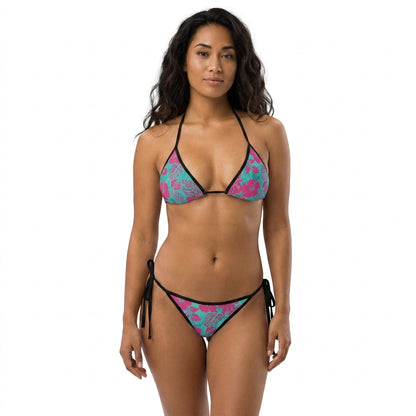 Tropical Pulse - Floral Teal & Pink Tie-Side Bikini — Tropical Print Women’s Swimsuit