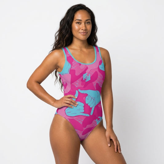 Double Shaka - Women's One-Piece Swimsuit — Pink & Teal Shaka Hand Pattern