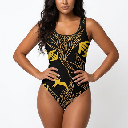 Iwa Canopy - Golden Hummingbird Leaf One-Piece Swimsuit — Tropical Botanical Swimwear