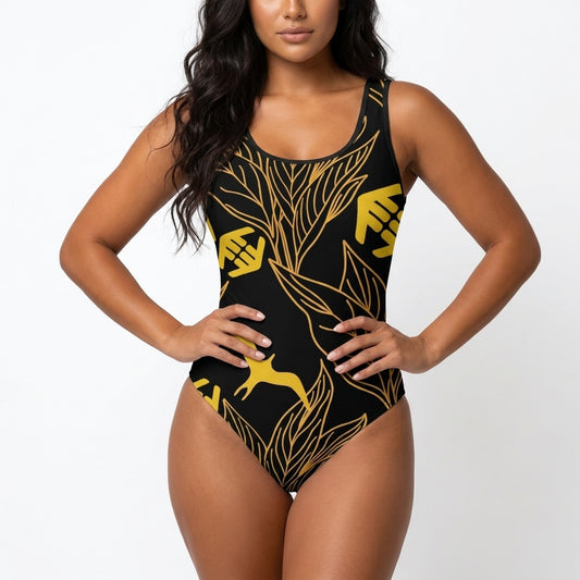 Iwa Canopy - Golden Hummingbird Leaf One-Piece Swimsuit — Tropical Botanical Swimwear